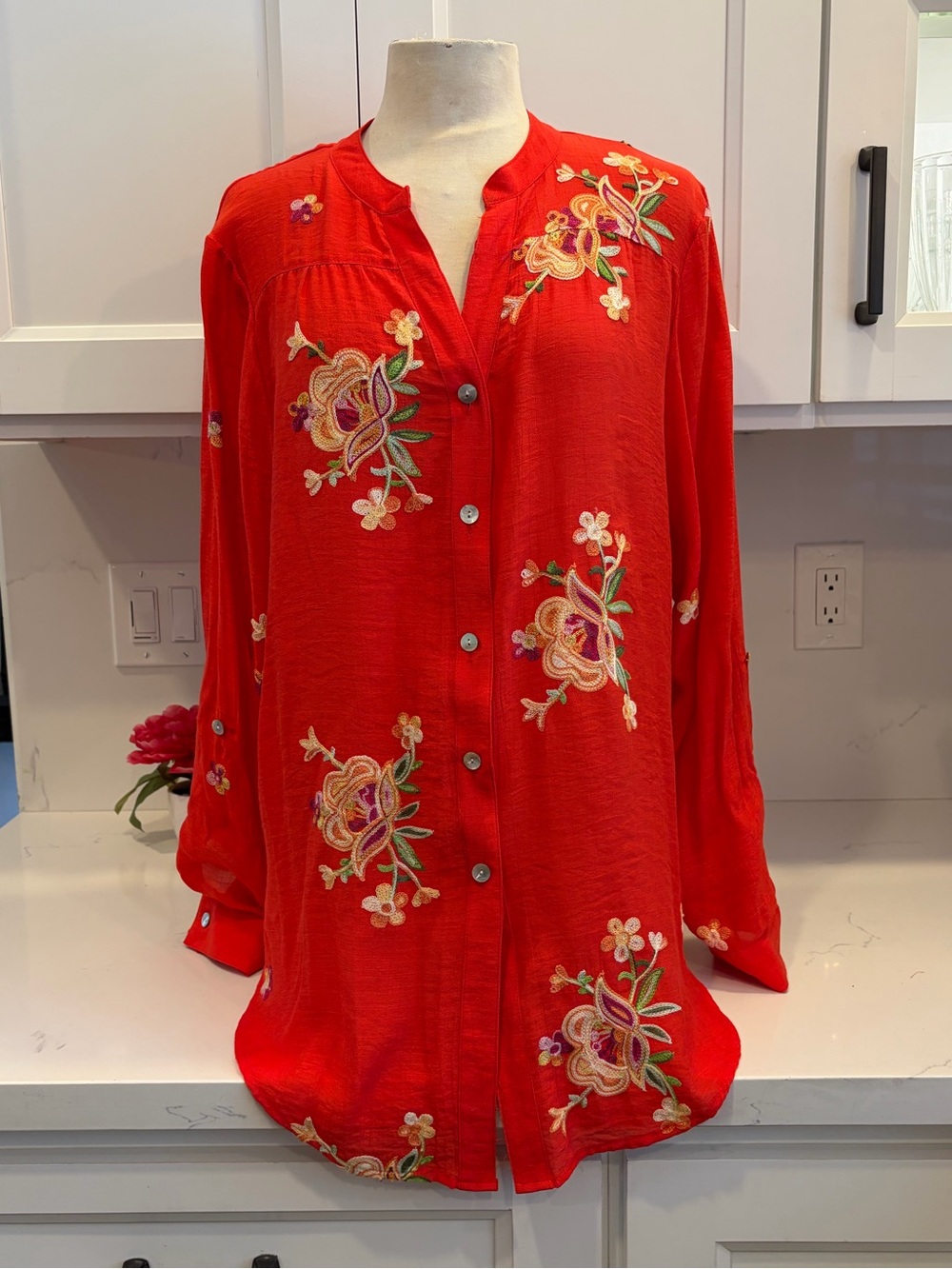 Fig and Flower Red Embroidered Floral Button-Front Blouse